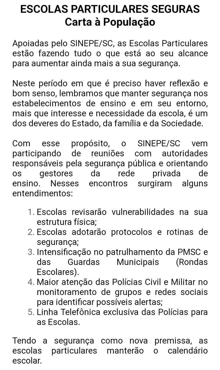 Escolas Particulares Seguras. Carta à População.