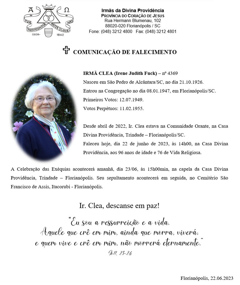 Nota de pesar pelo falecimento da Irmã Clea (Irene Judith Fuck)